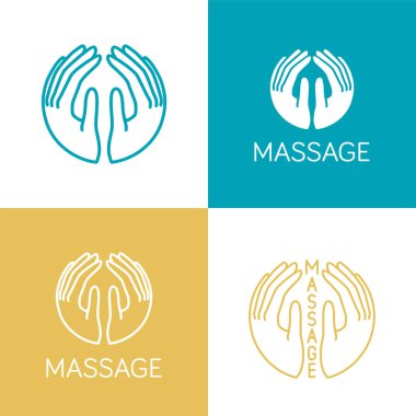 Vector logo massage. Gentle hands inscribed in a circle. Several versions of the logo. Hand draw illustration of hand. healthy hand logo.