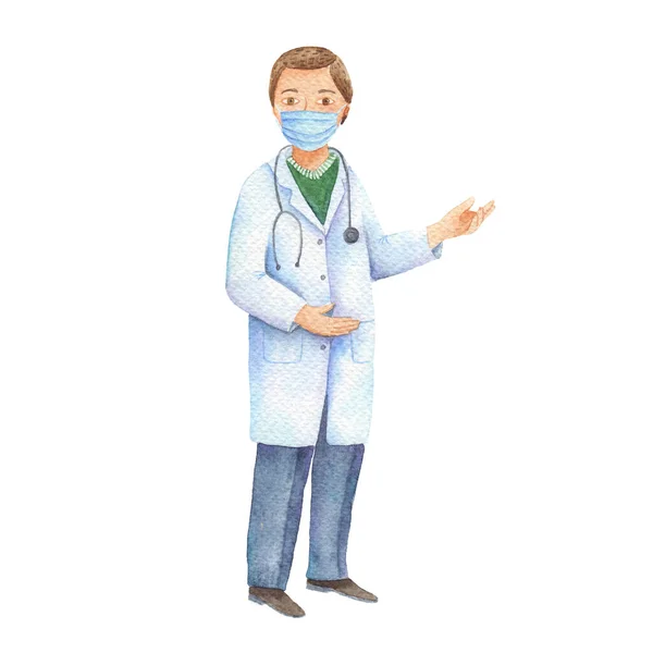 Ilustración en acuarela Doctor en máscara facial. Joven enfermero. Ilustración aislada de un médico de niños . — Foto de Stock