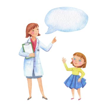 Çocuk doktoruna göre suluboya resimli kadın çocuk doktoru. Bir çocuk doktorun izole bir çizimi. Suluboya resimli genç hemşire kadın. Doktor tavsiyesi.