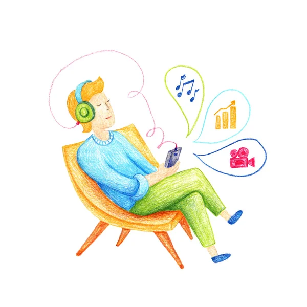 The guy is sitting on a chair with headphones on and holding the phone. The boy learns via the Internet. The illustration is made with colored pencils. — Stock Photo, Image