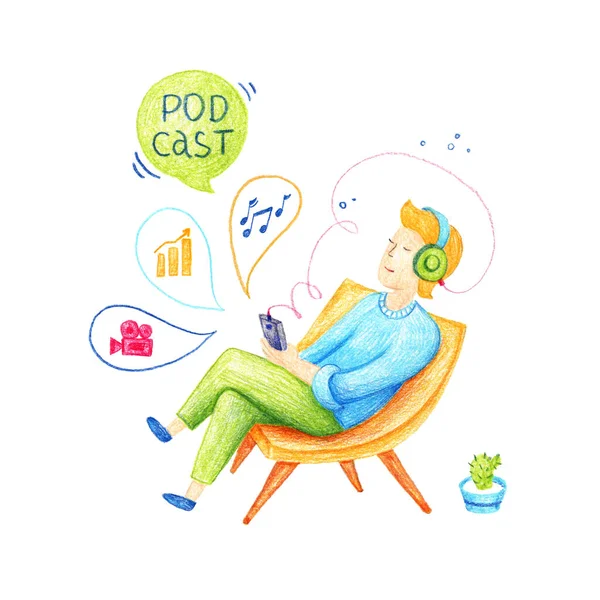 Illustration de concept de podcast : un homme assis sur une chaise avec un casque et tenant un téléphone. Boy écoute un podcast sur son casque. L'illustration est faite avec des crayons de couleur . — Photo