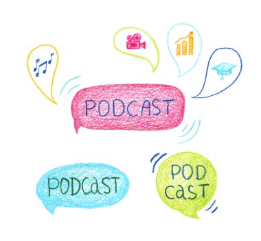 Konuşma bulutu simgesindeki Podcast yazıları. Yayın, medya sunucusu el çizimi çizimi illüstrasyon. İzole edilmiş resimleme beyaz arkaplanda renkli kalemlerle yapılır