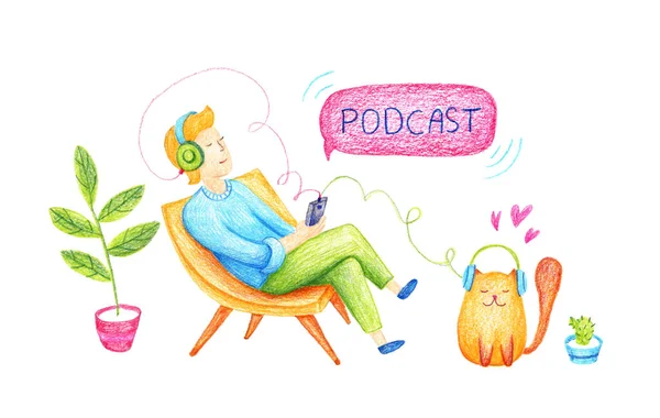 Illustration de concept de podcast. Webinaire, formation en ligne, concept de podcast tutoriel. Jeune homme écoutant podcast assis sur une chaise. Une illustration inhabituelle est faite avec des crayons de couleur . — Photo
