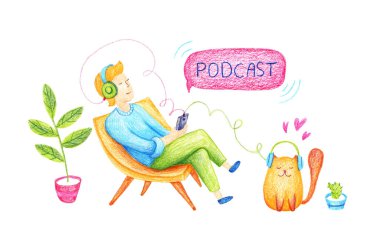 Podcast konsepti çizimi. Webinar, online eğitim, özel podcast konsepti. Podcast dinleyen genç adam sandalyede oturuyor. Renkli kalemlerle alışılmadık bir illüstrasyon yapılır.