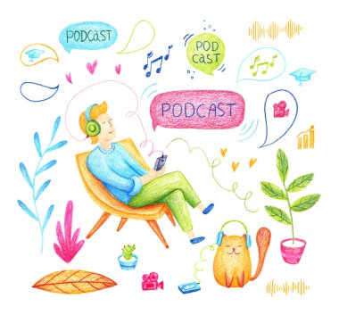 Bir adam, bir kedi ve çeşitli elementlerle podcast çizimleri. Podcast şovu. Farklı podcast elementleriyle izole edilmiş renkli kalem çizimleri.