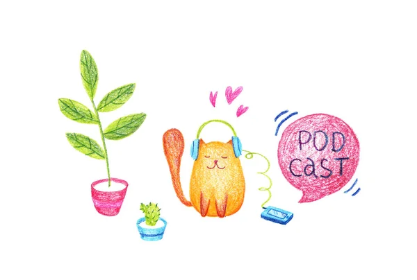 Un gros chat rouge avec un casque est assis à la maison à écouter un podcast. Illustration de dessin à la main isolée réalisée avec des crayons de couleur — Photo