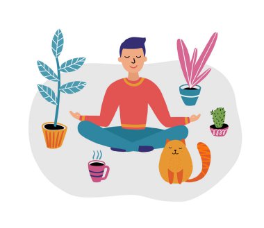 Adam Lotus pozisyonunda oturuyor, bacak bacak üstüne atıyor ve meditasyon yapıyor. Adamın yanında bitkilerin arasında bir kedi oturuyor. Beyaz arka planda izole edilmiş bir figür. Çizgi film vektör el çizimleri çizimleri.