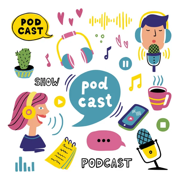 Espectáculo de podcast. Vector plana sentado desenho animado ilustração com menino, menina e diferentes elementos de podcast . — Vetor de Stock