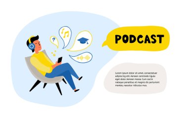 Podcast vektör illüstrasyonunu dinleyen adam. Kulaklık takan çocuk çizgi film karakteri. Öğrenciler webinarlardan öğreniyor. Müzik dinleyen bir genç. İllüstrasyon web sitelerinde ve pankartlarda kullanmak için uygundur.