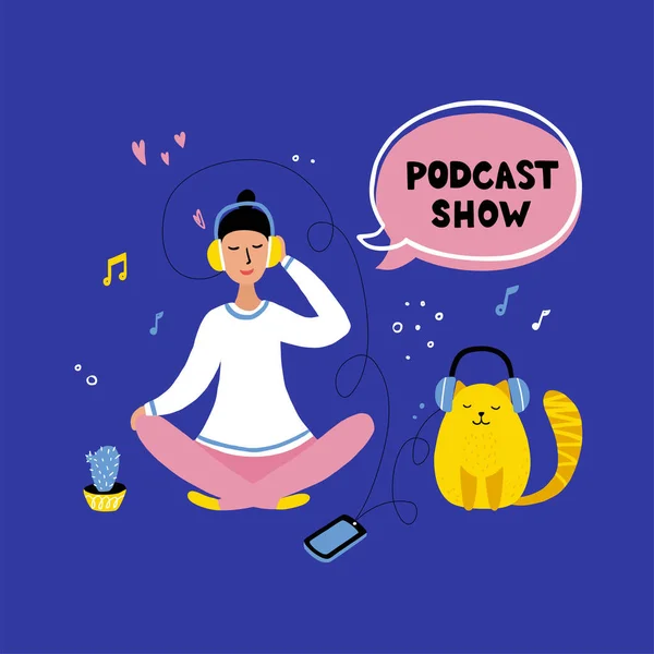 Ilustração do conceito Podcast. Webinar, treinamento on-line, conceito de podcast tutorial. Jovem do sexo feminino ouvindo podcasting sentado no chão com um gato em casa. Desenho à mão Ilustração vetorial . — Vetor de Stock