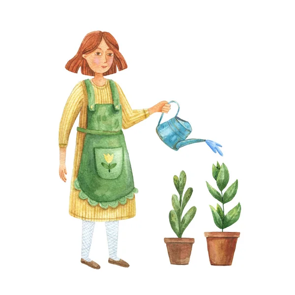 Genç kadınlar bitkilerle ilgilenir. Sarı elbiseli, çiçekli bir kız bahçıvanın sulu boya resmi.. — Stok fotoğraf