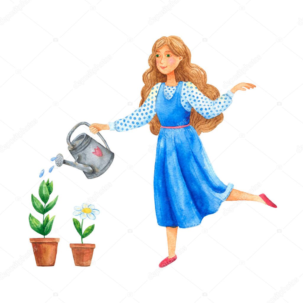 Young women caring for houseplants. Trendy illustration in watercolor style. watercolor illustration girl gardener watering flowers.