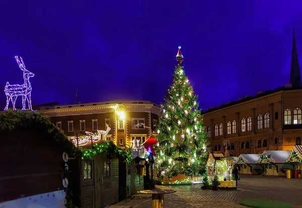 Place du Dôme et sapin de Noël la nuit à Riga — Photo