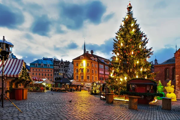 Vánoční strom a náměstí večer — Stock fotografie