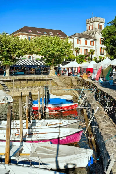 Boats and embankment in Ascona resort in Ticino Switzerland — Stock Photo, Image