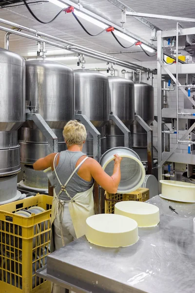 Caseificio che trasforma il formaggio Gruyere de Comte in latticini — Foto Stock