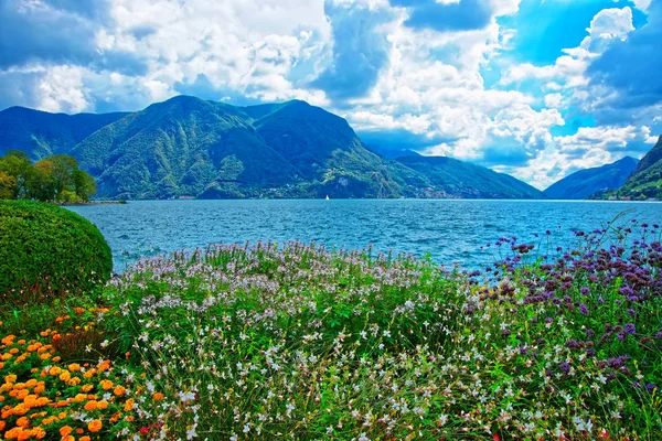 Tuin park aan de boulevard in Lugano van Ticino in Zwitserland — Stockfoto