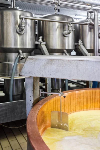 Gruyere de Comte Cheese Production in dairy in France — Stock Photo, Image