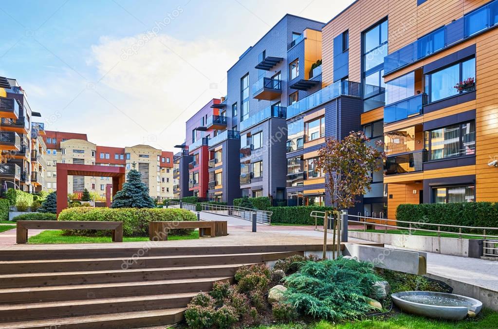 Modern residential buildings with staircase and fountain