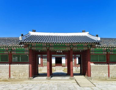 Ahşap kapı ve pavyonlar de Seul Gyeongbokgung Sarayı