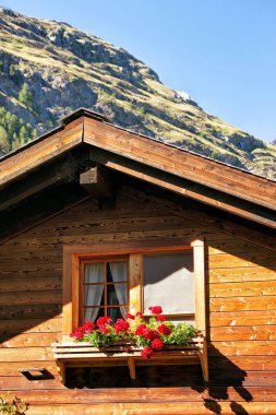 Chalet penceresinde resort City Zermatt çiçekli