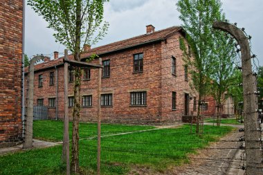 Dikenli tel ve kışla Auschwitz toplama kampında