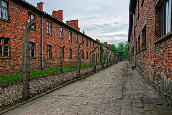 Alambre de púas y cuarteles del campo de concentración de Auschwitz — Foto de Stock