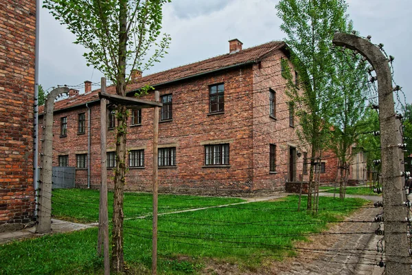 Alambre de afeitar y cuarteles en el campo de concentración de Auschwitz — Foto de Stock