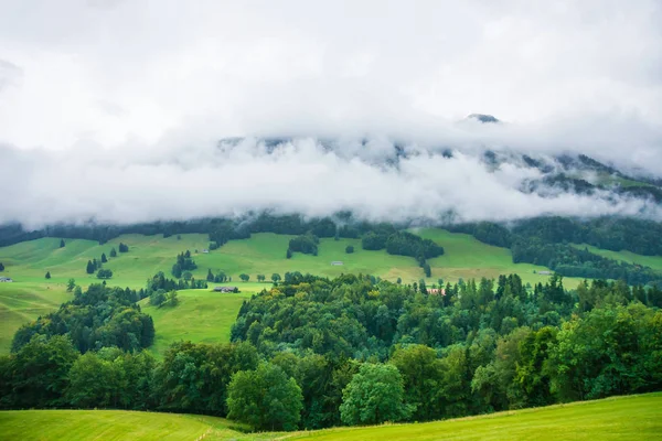 Шале и горы Преальп в районе Грюер во Фрибурге, Швейцария — стоковое фото