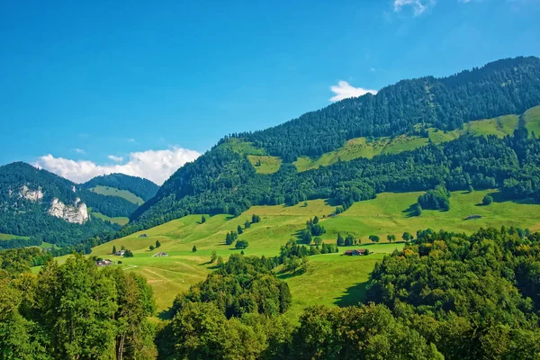 Pueblo en las montañas Prealps en el distrito Gruyere en Friburgo Suiza — Foto de Stock