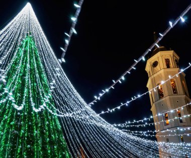 Noel ağacı ve katedral çan kulesi Vilnius