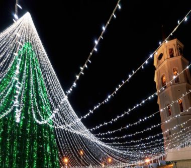 Noel ağacı ve katedral çan kulesi Vilnius Litvanya