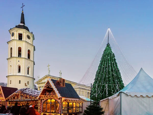 Gente en el árbol de Navidad decorado y el mercado de recuerdos de Navidad Vilnius —  Fotos de Stock