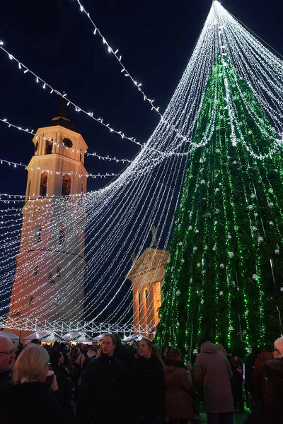 People at Vilnius Christmas market and Xmas tree with garlands — Stock Photo, Image