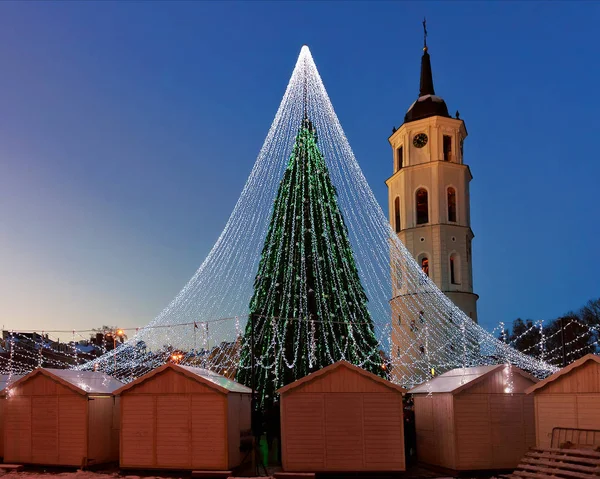 Árbol de Navidad con decoración y puestos de Navidad en la Plaza de la Catedral —  Fotos de Stock