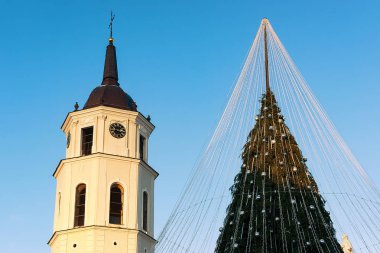 Vilnius Litvanya Advent Noel ağacı ve katedral çan kulesi
