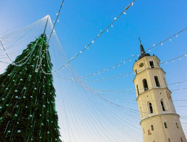 Noel ağacı ve katedral çan kulesi Vilnius Advent akşam