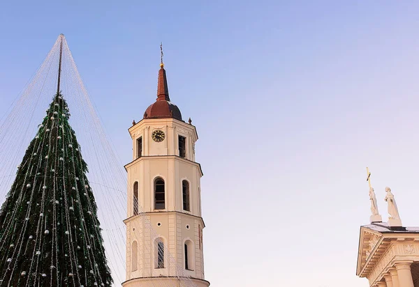 Árbol de Navidad y campanario de la Catedral Lituania Vilnius Durante Adviento —  Fotos de Stock