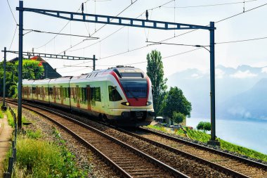 Bağ teraslar Lavaux Cenevre Gölü Alps yakınındaki, tren