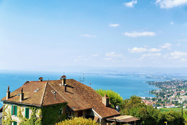 Lavaux Vineyard Terraces hiking route, Lake Geneva and Swiss mountains, Lavaux-Oron district, Switzerland