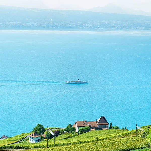 Železniční trať v Lavaux vinice terasy Ženevské jezero ze švýcarských — Stock fotografie