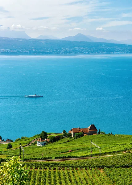 Železniční trať v Lavaux vinice terasy Ženevské jezero Swiss — Stock fotografie