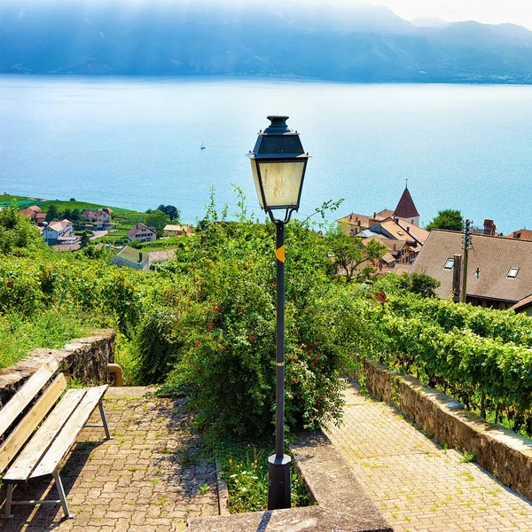 Banc et lanterne en bois au Lavaux Vineyard Terraces trail Suisse — Photo