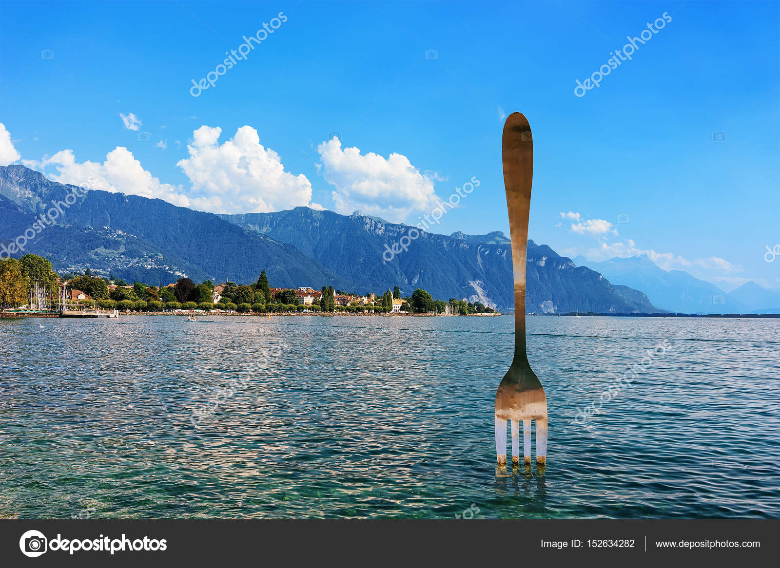 Fork sculpture at Geneva Lake in Vevey in Switzerland Stock Editorial