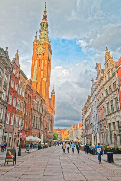 Gdansk, Poland - May 7, 2014: Main City Hall and Dlugi Targ Square in the old town center in Gdansk, Poland. People on the background.