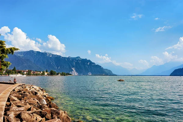 Χορτοκοπτικό με βουνά Άλπεων και Riviera λίμνη Γενεύη σε Vevey — Φωτογραφία Αρχείου