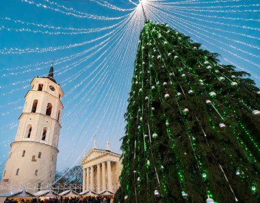 Noel ağacı ve katedral çan kulesi Vilnius Advent