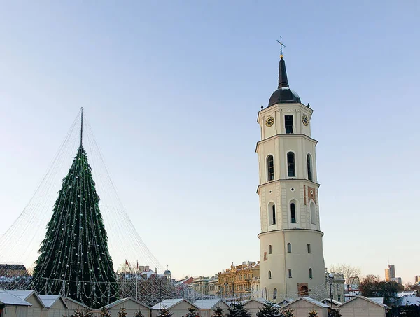 Árbol de Navidad y campanario Catedral Lituania en Vilna Adviento —  Fotos de Stock