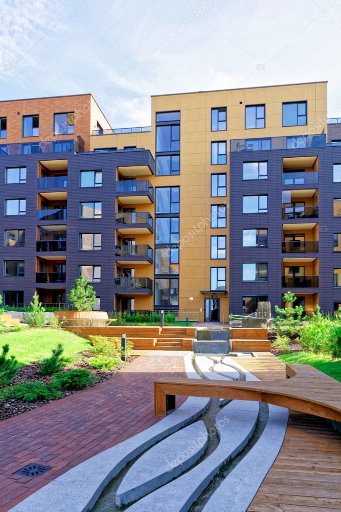 Benches at Modern complex of residential buildings