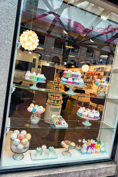 Handmade soap at glass shop window in Boston